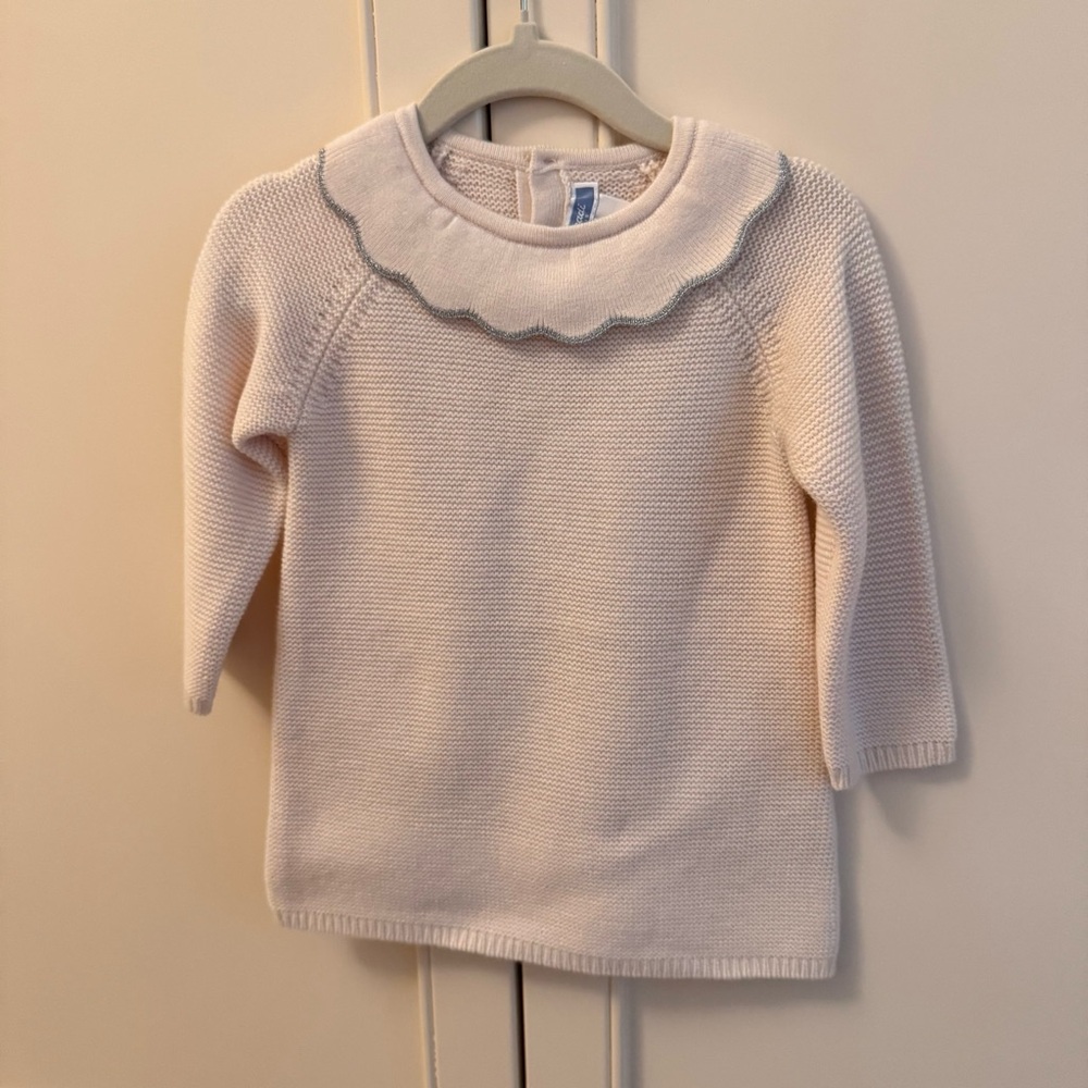 NWT Jacadi Paris dress 12m Cream Knit Sweater dress with Scalloped Collar